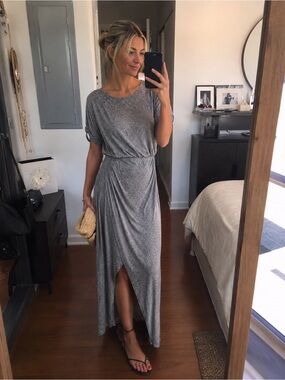 AllSaints Draped Maxi Dress Small Taupe Heather Jersey Asymmetrical Hem